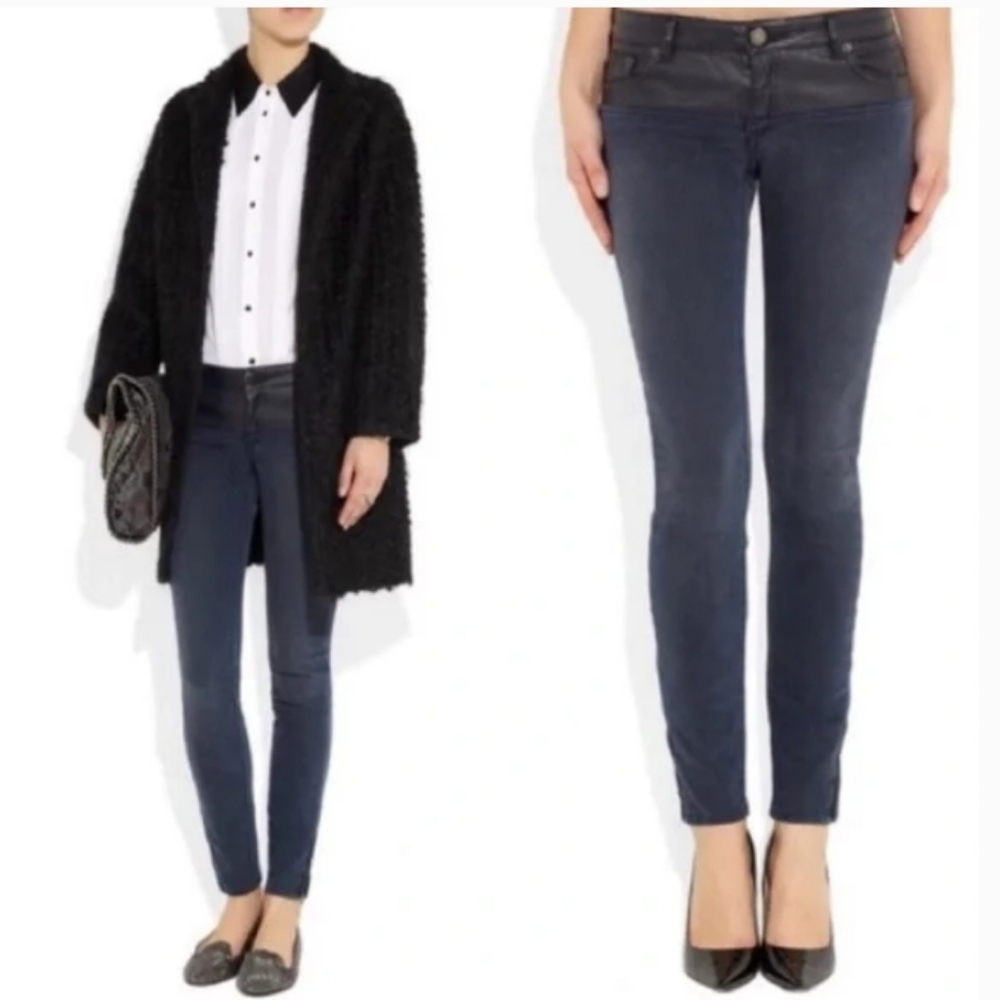 🌸 Maje Romuald Contrast Denim Faux Leather Waist Ankle Skinny Jeans FR 34 US 2